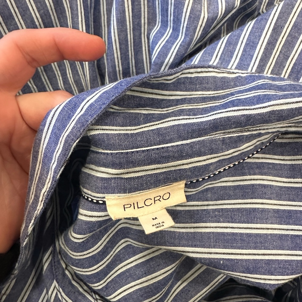 Anthropologie Pilcro Reworked Ruched Blue Pin Striped Button Down Shirt Medium - Picture 10 of 11